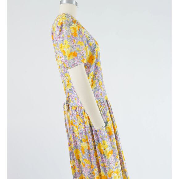 Vintage 90s Floral Button Front Puff Sleeve Drop Waist Maxi Dress with Pockets - Picture 5 of 9